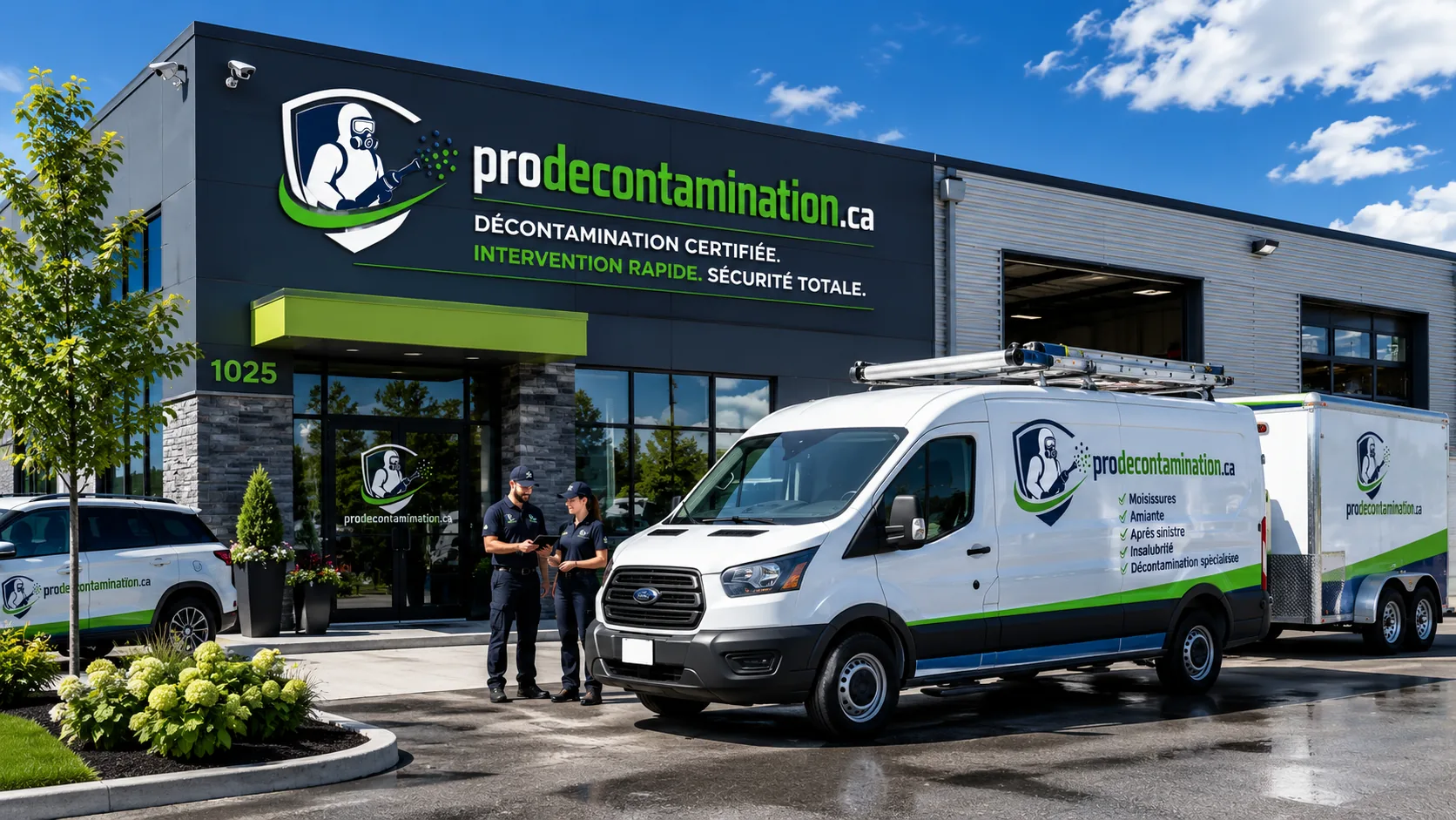 Camion et équipe de décontamination devant un bâtiment