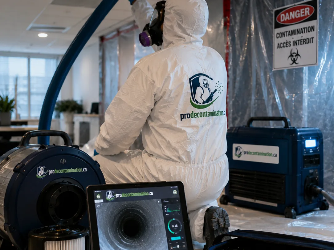 Technicien nettoyant un conduit de ventilation avec appareil de mesure